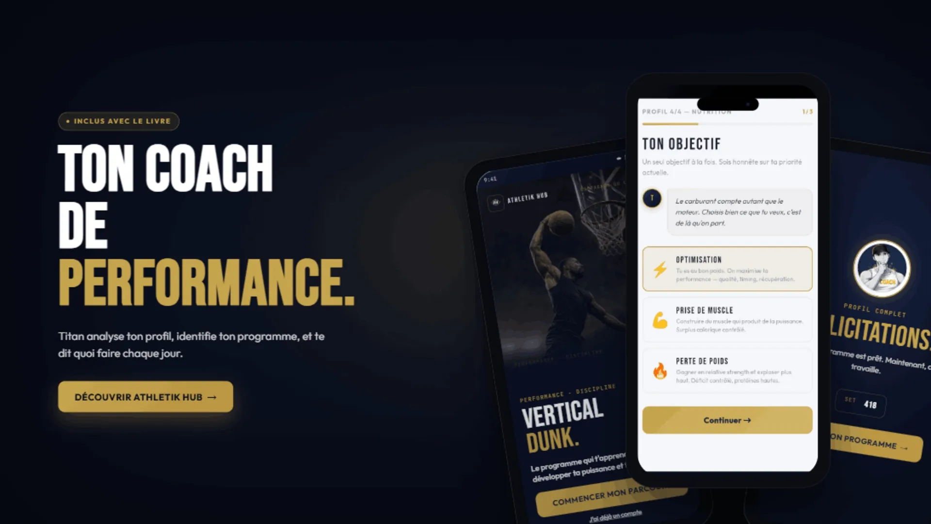 Athletik Hub : aperçu de l'application — programme Vertical Dunk, profil et progression